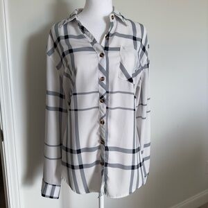 Women’s Tops | Plaid Long Sleeve Button Down, Navy and White